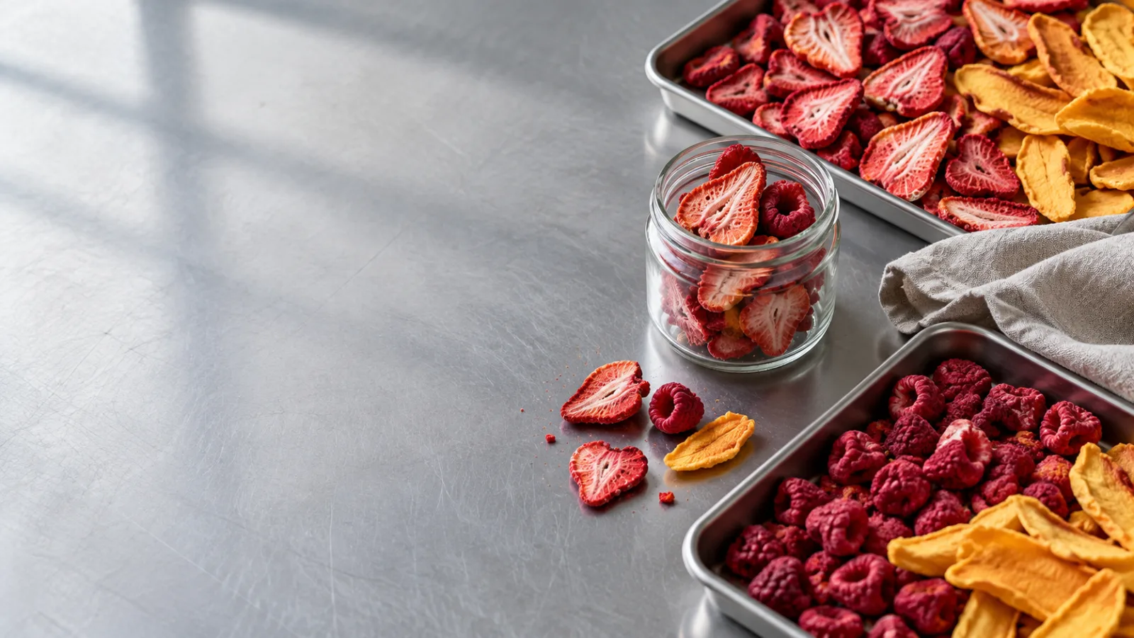 AI-generated still life of dry fruit on stainless trays, beside a jar and linen